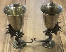 Lot Of 2 Ballena Bay Pewter Dragon Chalice Goblet Cups 8" Fantasy Wizards