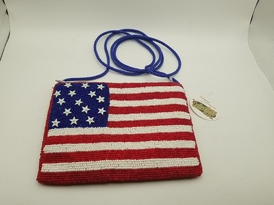 American Flag Small Glass Beaded Crossbody Purse Bag Silk Lining Patriotic USA