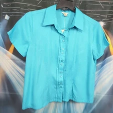 Christopher & Banks Womens Size M Blouse Pin Tuck Button Front Turquoise Top NWT