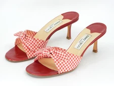 Jimmy Choo Red Checker Fabric Knot Slide Sandals Size 38