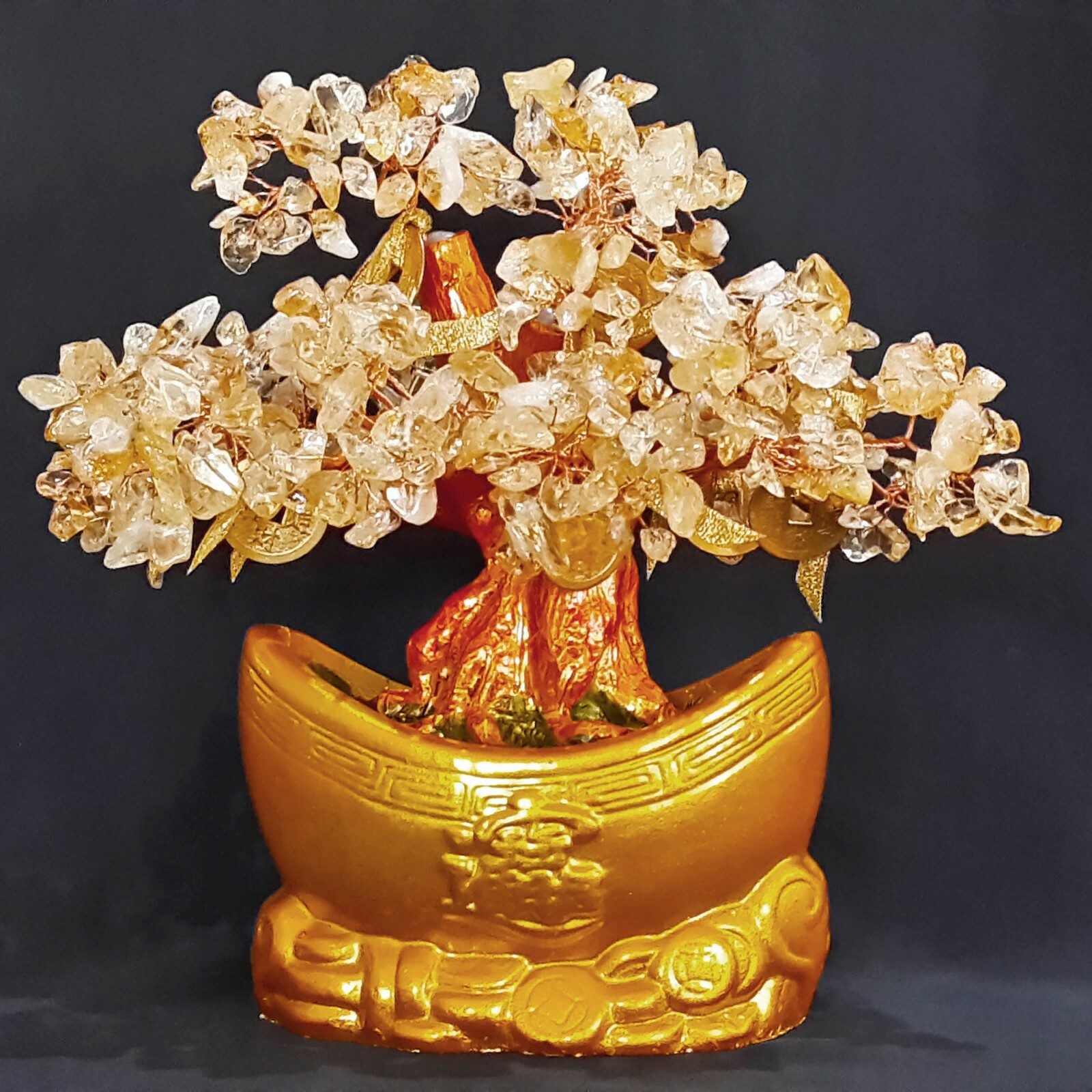 Feng Shui Bonsai Cristal Citrino Piedras Preciosas Monedas de Oro Árbol de la...