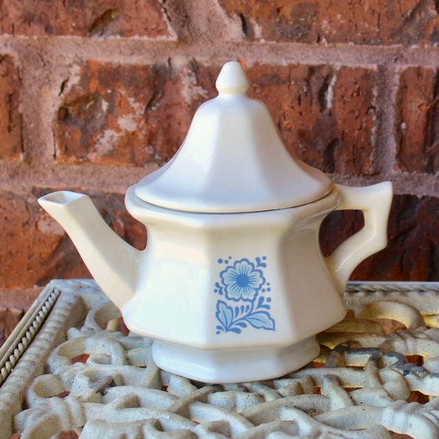 Vintage Teapot White With Blue Flower Avon Hexagon Shape Dome Lid