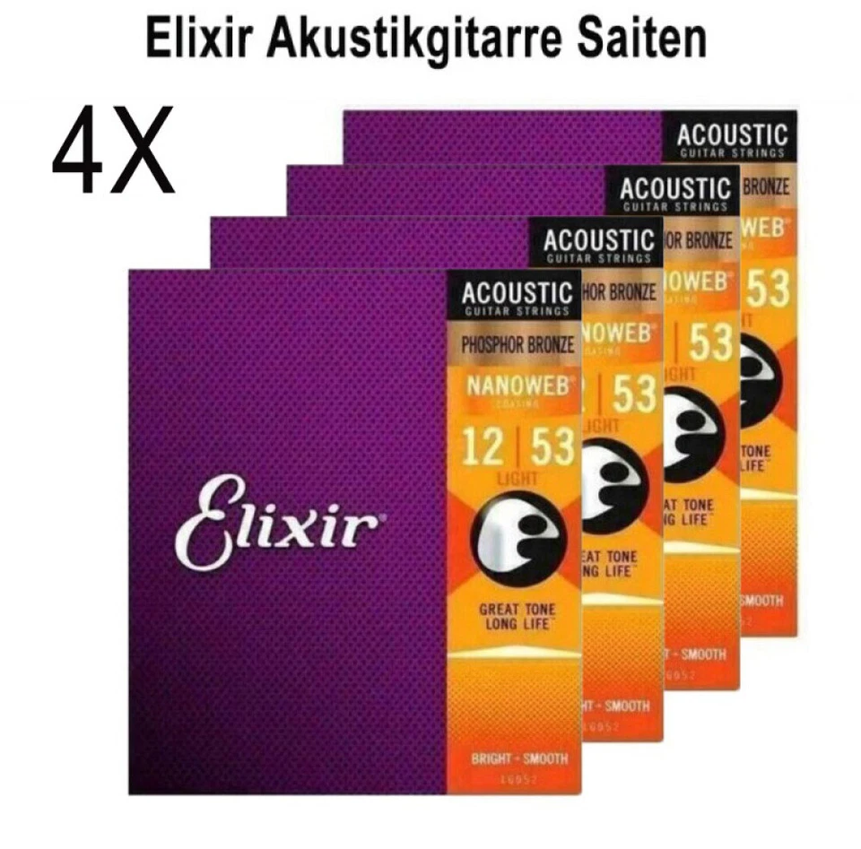 4pcs Elixir Acoustic Guitar Strings Phosphor Bronze 6 String NANOWEB 12-53 16052 - Image 3 of 4