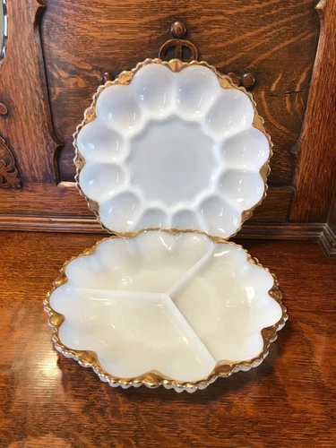 Vintage ANCHOR Hocking MILK GLASS w/ Gold Trim DEVILED EGG PLATE and Candy Dish