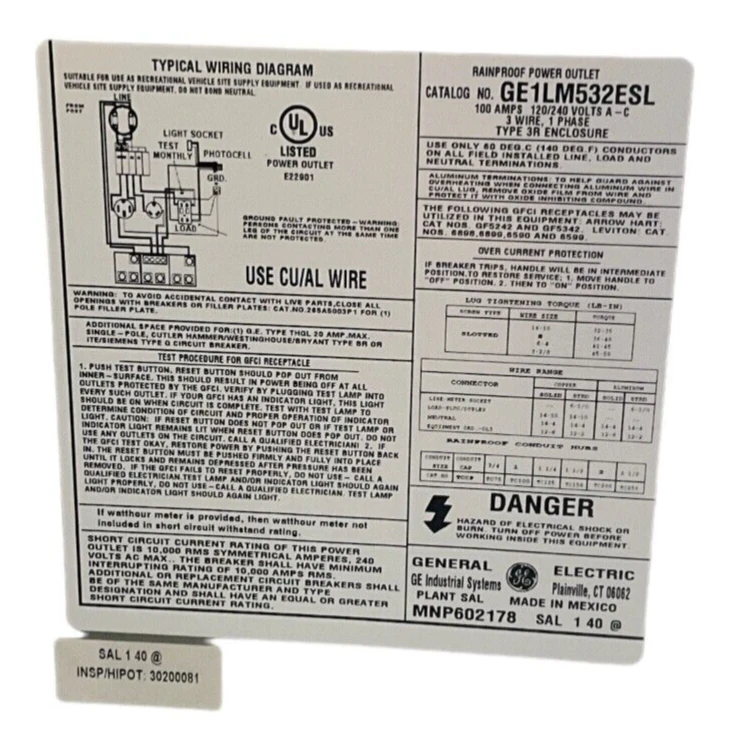 GE1LM532ESL 100A 120/240V RV Pad Mount Metered Pedestal — 第 3/4 张图片