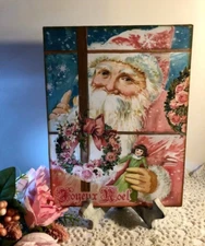 Santa Peeking In Window, Pink Christmas Handcrafted Plaque / Sign