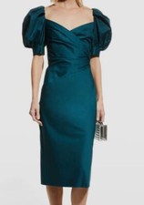 $1990 Oscar de la Renta Women Green Puff-Sleeve Draped Pencil Midi Dress Size 8