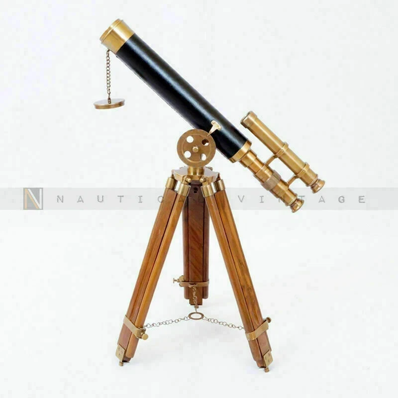 Nautical Navy Brass Double Barrel 18" Telescope With Wooden Tripod Stand Marine - Image 2 of 4