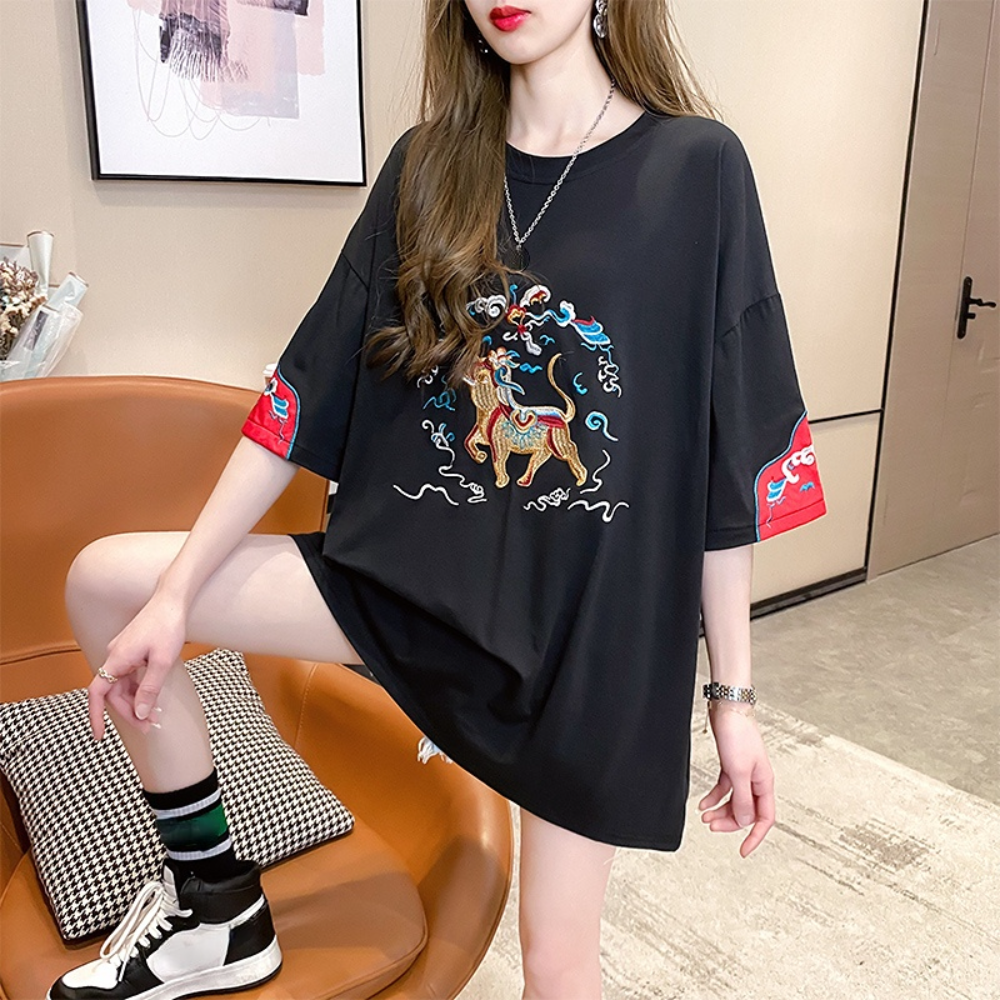 Women Lady Embroidery T-shirt Top Loose Chinese Short Sleeve Women Lady Embroidery T-shirt Top Loose Chinese Short Sleeve