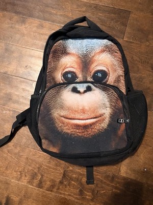 Monkey Face Animal Print standard School Backpack, Polyester, Zip, Black/Brown