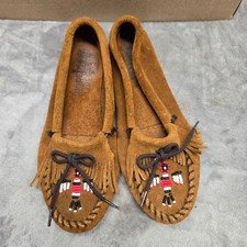 Minnetonka Thunderbird II Brown Suede Beaded Moccasins Womens 7.5 Flats 173
