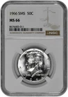 1966 SMS 50c 40% Silver Kennedy Half Dollar NGC Graded MS 66 with New Holder