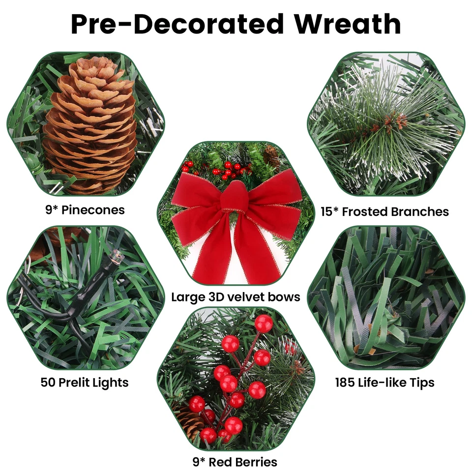 Guirnalda de Navidad prelit de 24 pulgadas que funciona con 50 luces temporizador 8 modos de luz Foto 4 de 4