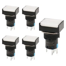 5 Pack 5/8" 16mm Latching Push Button Switch Rectangular Cap White LED DC 12V