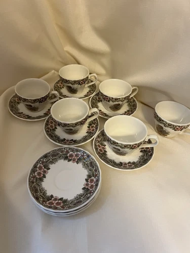 Myott Churchill/Queens Factory Thanksgiving Turkey Cups Saucers - 5 Sets *Plus