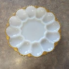 Vintage Anchor Hocking Fire King White Milk Glass Deviled Egg Tray Gold Trim