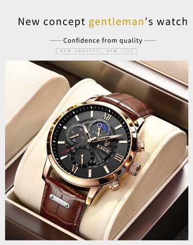 Lige Herrenuhr Casual Braun Leder Armbanduhr Business Männlich Kalender Uhren - Bild 10 von 29