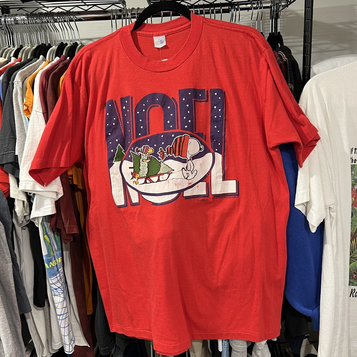 Vintage XL 80s SNOOPY WOODSTOCK NOEL XMAS CARTOON T-Shirt Peanuts 