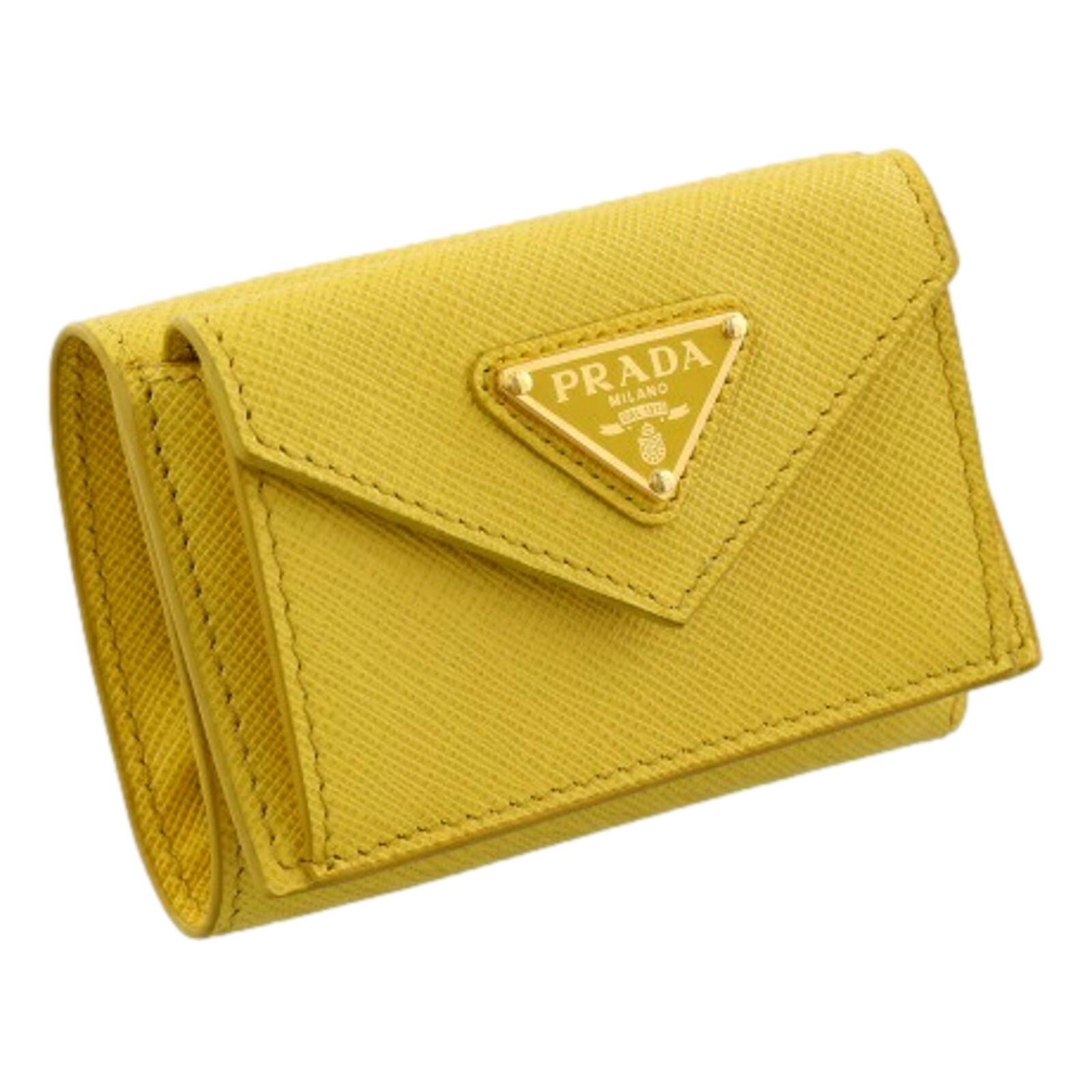 Prada Womens Tri-Fold Saffiano Leather Wallet in Sole Yellow with Triangle Logo