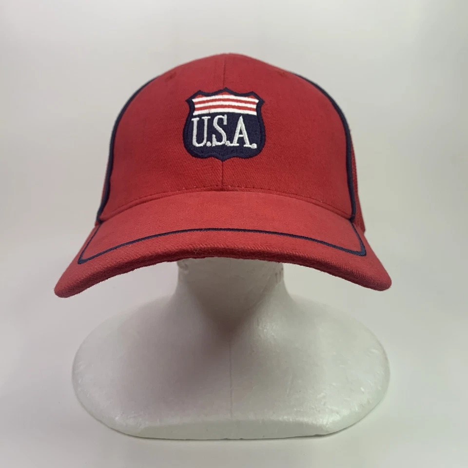 Gorra de béisbol ajustable corona alta roja logotipo bordado escudo EE. UU. Foto 4 de 4