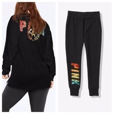Victorias Secret Pink SMALL Bling Jogger Pant  Long Sleeve Tee Shirt Rainbow