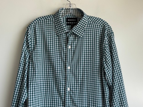 Camicia BONOBOS Performance con bottoni uomo media corta slim fit verde check - Foto 3 di 12
