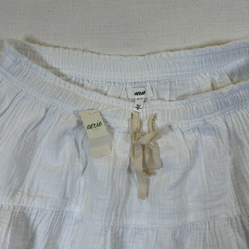 Aerie Women's Mini Skit White Gauze Tiered Drawstring Size Medium 100% Cotton - Image 4 of 4