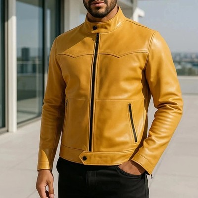 Men's Racer Leather Jacket Genuine Lambskin Motorcycle Biker Camel Yellow Jacket