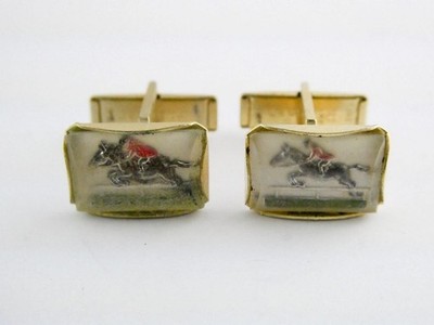 Vintage Pioneer Branded Goldtone Metal Racing Derby Design Cufflinks Rider Horse