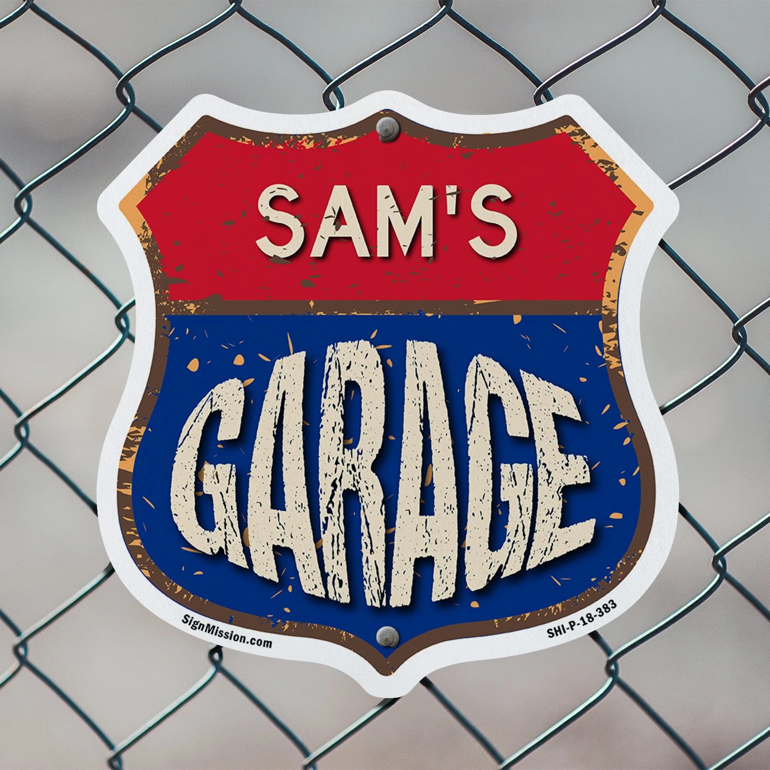 Sam's Garage Shield Metal Sign Weather-Resistant Crafted in the USA