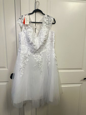 David's Bridal White Lace Embroidery Illusion Cap Sleeve A-Line Tulle Dress