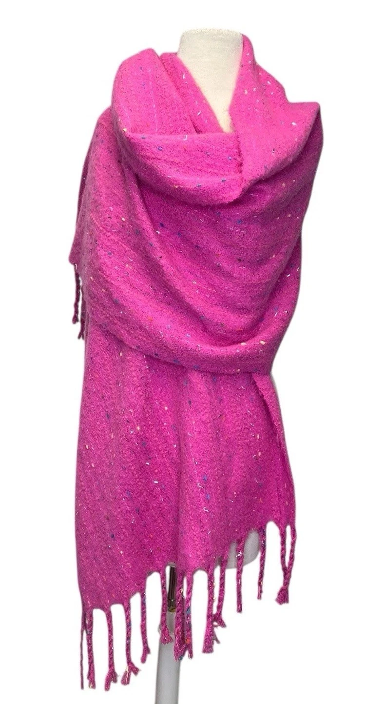 Betsey Johnson Hot Pink Winter Scarf Silver Fringe Tweed 22"x75" Boho Festival