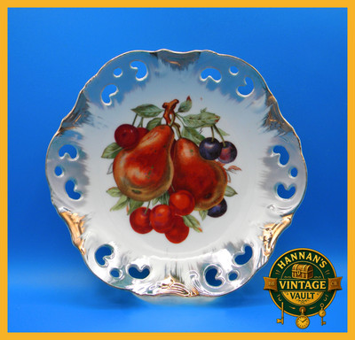 Vintage Reticulated Porcelain Fruit Plate Hand Painted Pears Cherries Gold Trim