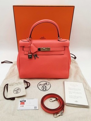 エルメス HERMES カルメン ローズテキサス Hermes Kelly 28 Rose Texas Red Clemence Palladium Handbag