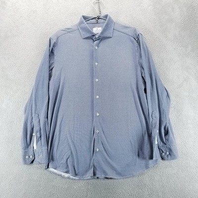 Emanuel Berg Dress Shirt Mens 16.5 Blue Houndstooth Modern Fit Long Sleeve