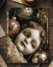 Vintage Victorian Porcelain Doll Head Ornament Christmas Card Gothic Holiday Art
