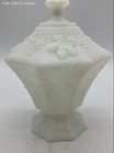 Milk Glass Candy Dish Lidded White Harvest Grape Pattern Octagonal Vintage