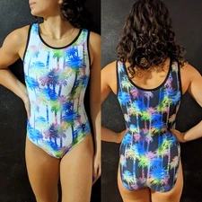 Plum Practicewear Gymnastics Leotard Flip Side Neon Palm Trees Multi Size AS