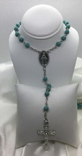 Catholic Turquoise Bead Rosary Virgin Mary with Crucifix Silver-Tone New 2218