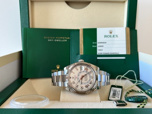 ROLEX SKY-DWELLER 18K WHITE GOLD IVORY ROMAN NUMERAL DIAL COMP...