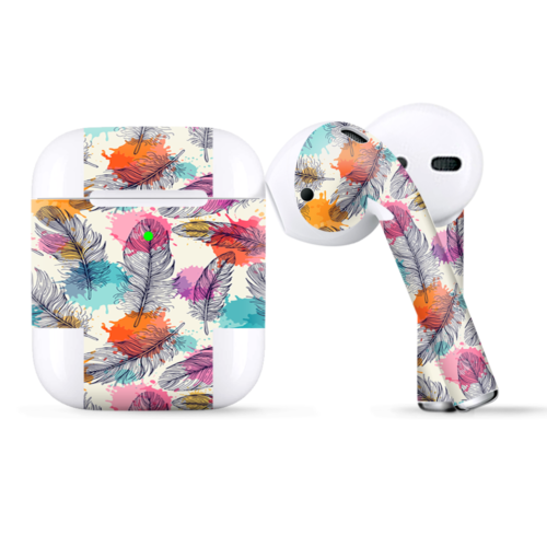 Skins Wraps kompatibel für Apple Airpods Federn bunt Aquarell Vogel - Bild 1 von 2
