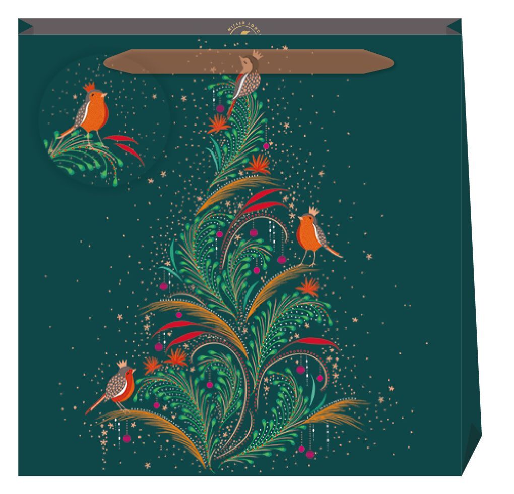 Robins Bird Xmas Tree Green Gift Bag - Medium - Sara Miller Christmas NEW