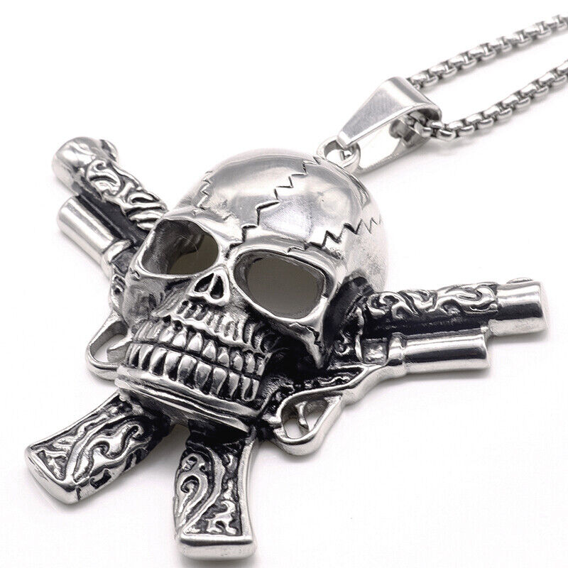 Gothic Mens Skull Head Guns Necklace Pendant Rock Biker Stainless Steel  Jewelry