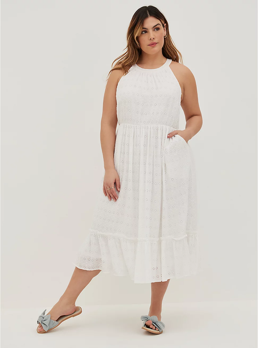 Torrid HALTER RUFFLE TIERED MIDI DRESS - VOILE EYELET WHITE 0 12 Large NWT