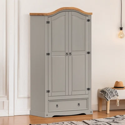 Corona Wardrobe Grey 2 Door 1 Drawer Arch Top Solid Pine Mercers Furniture®