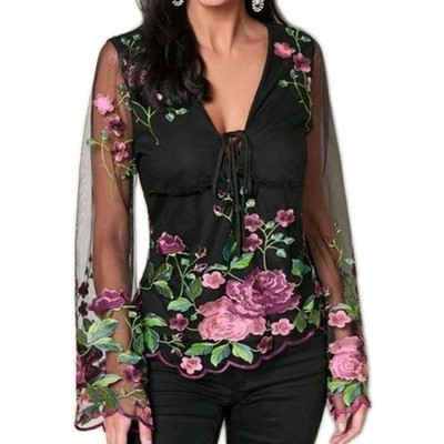 Venus Embroidered Mesh Top Floral Flare Sleeve Lace Up Babydoll Size L Whimsy