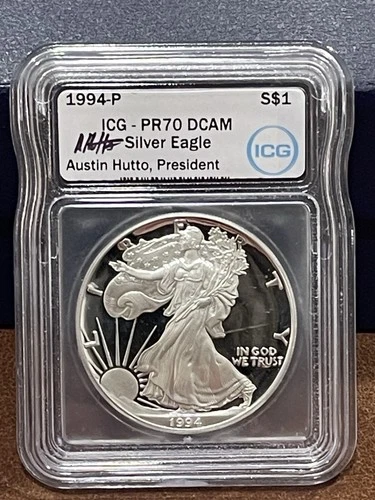 1994-P American Silver Eagle ICG PR70 DCAM Signed By Austin Hutto
