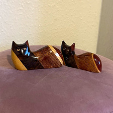 Pair  of rustic vintage Wooden Cat Figurine multi tone hand carved