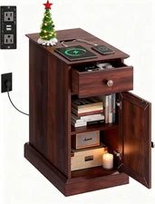 WLIVE End Table with Charging Station, Narrow Side Table for Living Room, Farmho