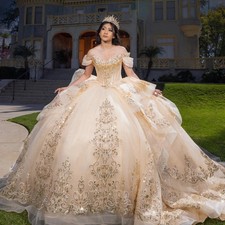 Campagne Quinceanera Dresses Ball Gown Off The Shoulder Applique Lace Sweet 16